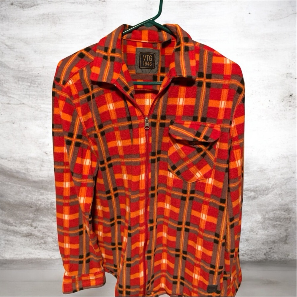VTG 1946 Red and Orange Plaid Zip-Up Fleece Jacket with pocket